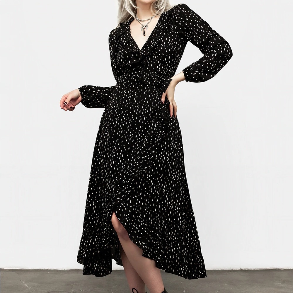 Disturbia Carmen Midi Dress Black Gothic Wrap Dress Star Design Long Ruffle